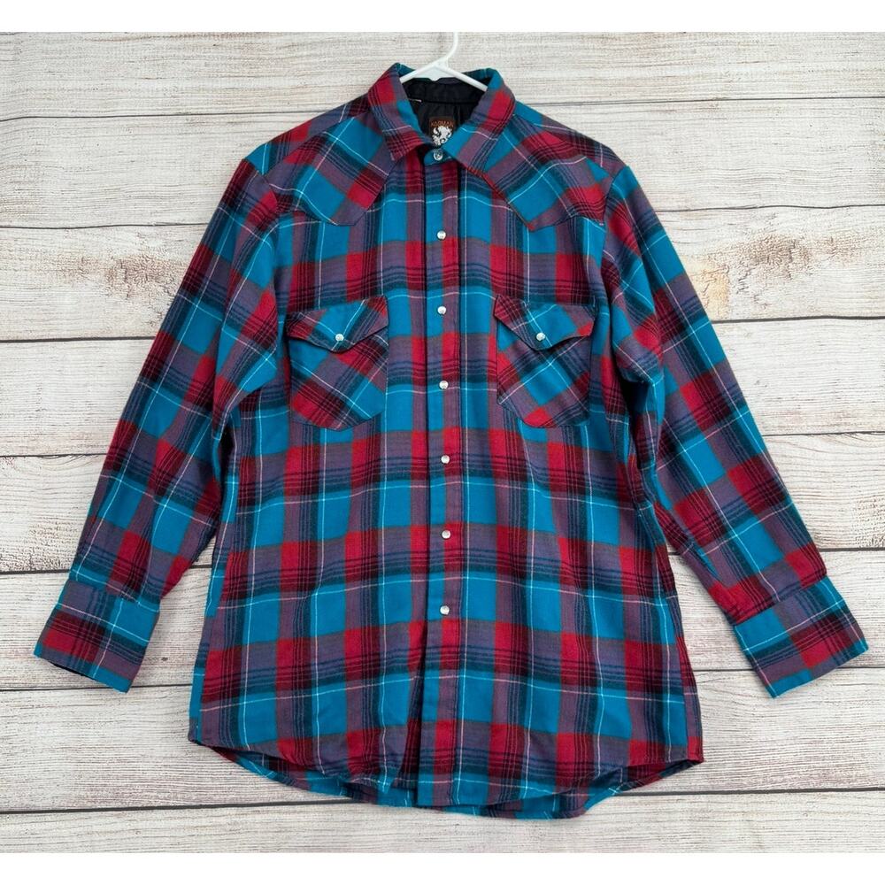 Vintage Karman Western Pearl Snap Flannel Shirt Mens Large Blue Purple Red Plaid
